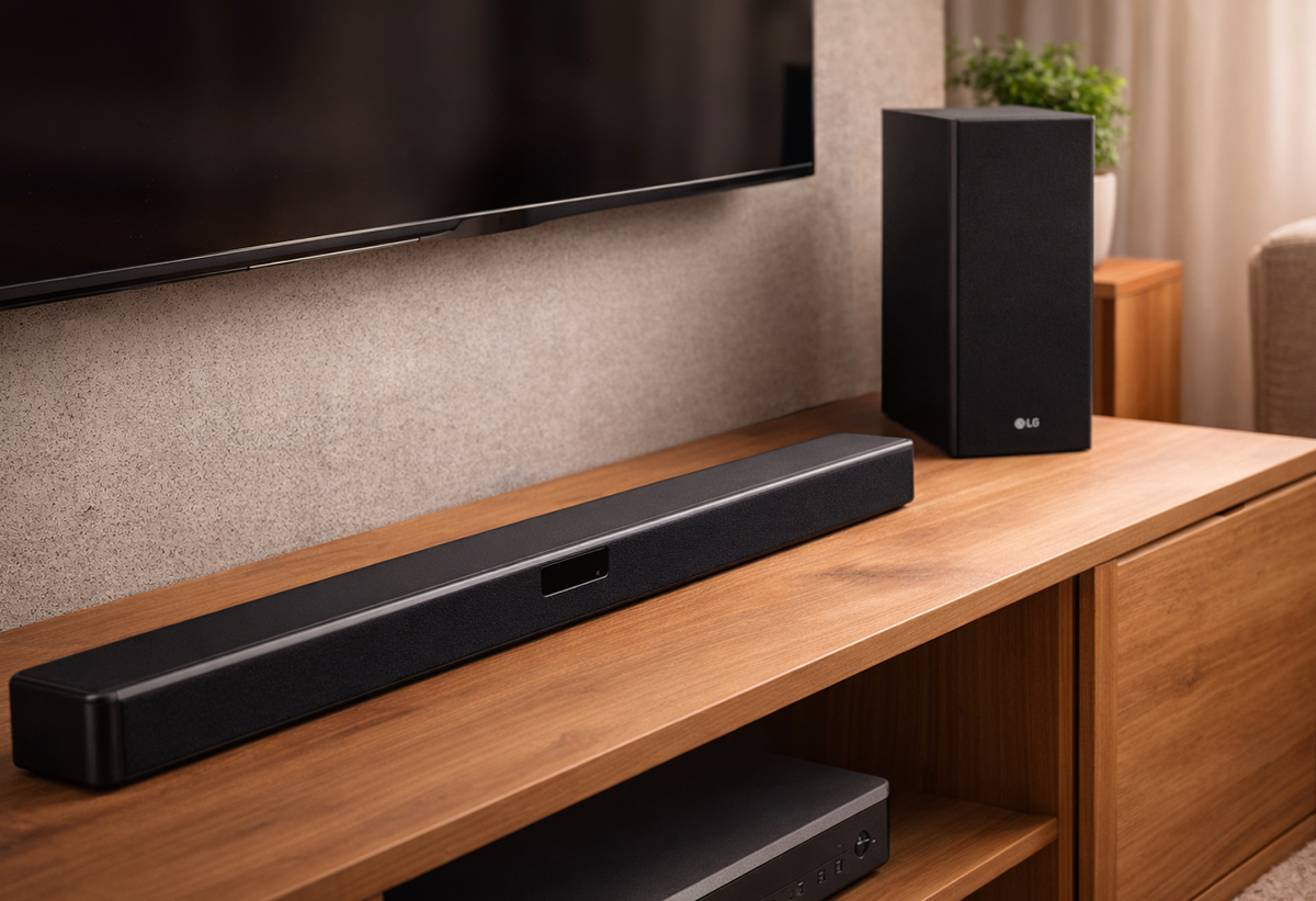 Απεικονίζονται το soundbar και το subwoofer σε έπιπλο τηλεόρασης.